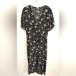 Hinge Midi V Neck Button Front Dress Black with Yellow Floral Sz XL